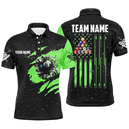 Customized Grunge American Flag 8 Ball Pool Men Billiard Polo Shirts, Pool Player Shirts |Green TDM1116