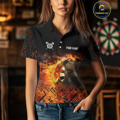 Personalized Fire Pitbull Dart Shirts For Women – Custom Flaming Darts Team Polo & 1/4 Zip Jerseys TDM4056