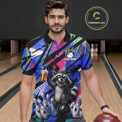 Funny Raccoon Colorful Graffiti Bowling Jersey For Men Custom Bowling Polo & 1/4 Zip Team Shirts TDM6572