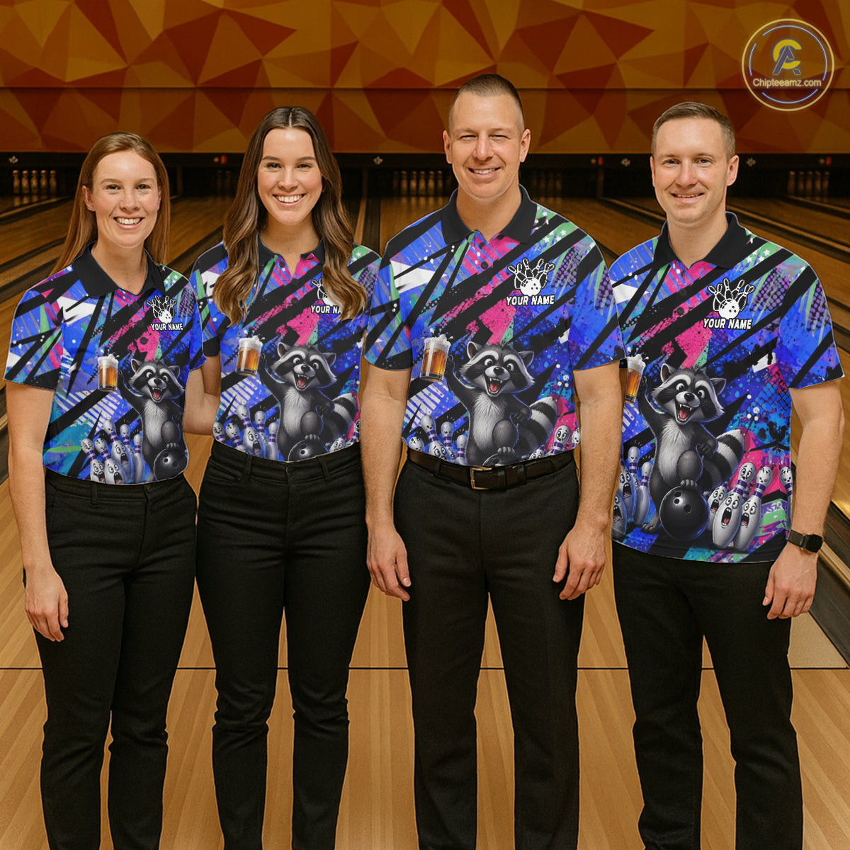 Funny Raccoon Colorful Graffiti Bowling Jersey For Women Custom Bowling Polo & 1/4 Zip Team Shirts TDM6572