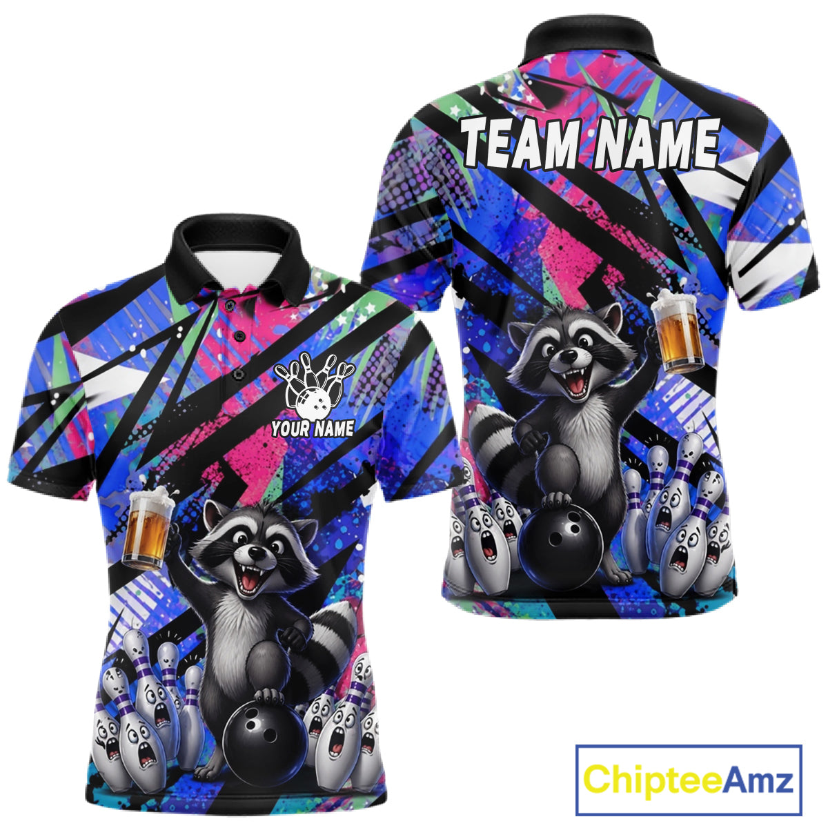 Funny Raccoon Colorful Graffiti Bowling Jersey For Men Custom Bowling Polo & 1/4 Zip Team Shirts TDM6572