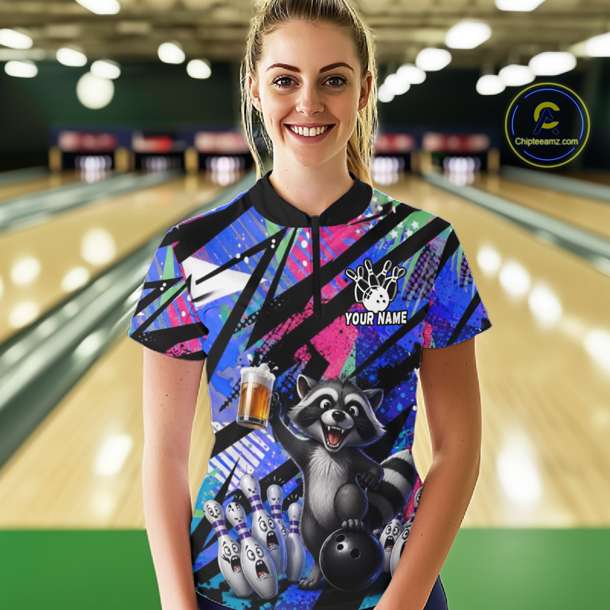 Funny Raccoon Colorful Graffiti Bowling Jersey For Women Custom Bowling Polo & 1/4 Zip Team Shirts TDM6572