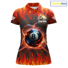Load image into Gallery viewer, Red 8 ball fire flame billiard polo shirt for women with custom pool team graphics.