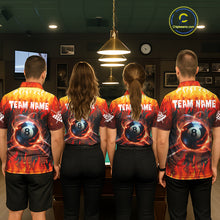 Load image into Gallery viewer, Back view of pool players wearing matching red fire flame billiard shirts in a game room.