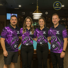 Load image into Gallery viewer, Pool team wearing matching purple thunder lightning dragon 8 ball billiard jerseys during tournament competition front view.