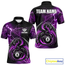 Load image into Gallery viewer, Purple thunder lightning dragon 8 ball billiard polo shirt for men with custom pool team graphics.