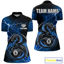 Load image into Gallery viewer, Blue thunder lightning dragon 8 ball billiard quarter zip shirt for women designed for league tournaments and team events.