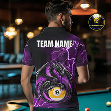 Load image into Gallery viewer, Back view of man wearing a purple thunder lightning dragon 9 ball pool shirt in a billiards hall.
