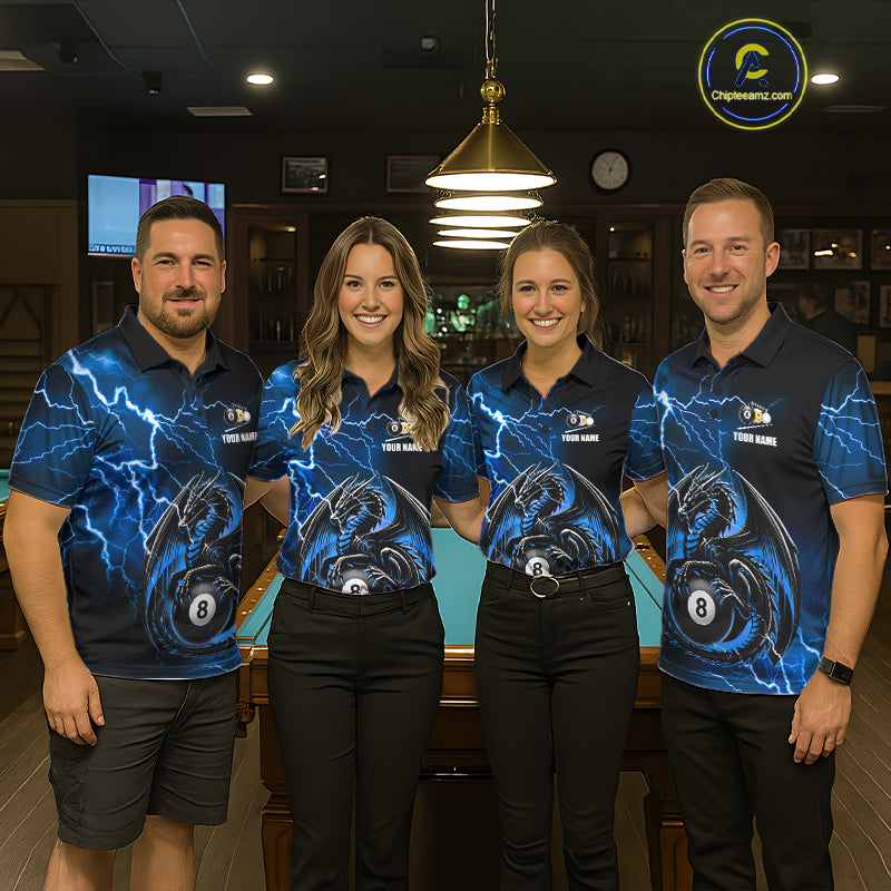 Pool team wearing matching blue thunder lightning dragon 8 ball and 9 ball billiard jerseys during tournament competition front view.