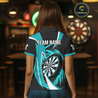 Personalized Turquoise & Black Darts Shirt For Women Custom Darts League Team Polo & 1/4 Zip Jerseys TDM4407