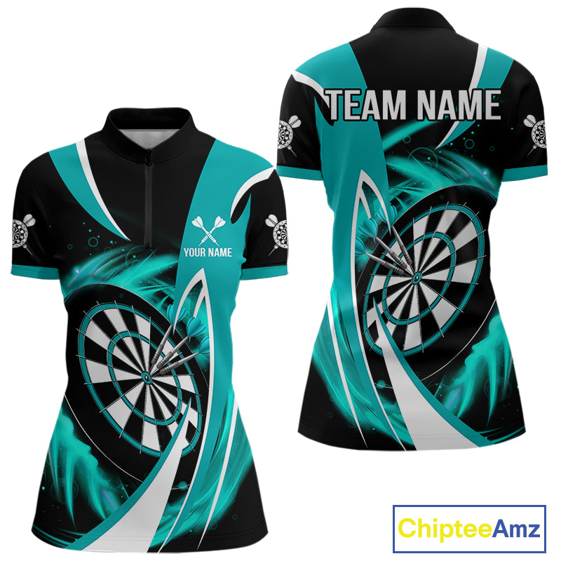 Personalized Turquoise & Black Darts Shirt For Women Custom Darts League Team Polo & 1/4 Zip Jerseys TDM4407