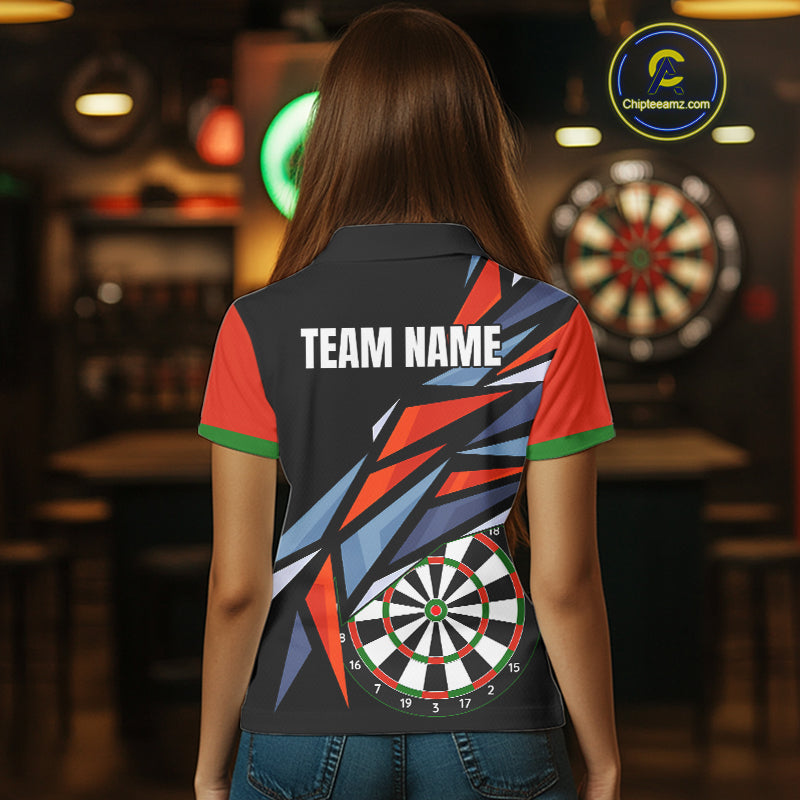 Personalized Red, Blue & Black Darts Shirt For Women Custom Darts League Team Jersey Polo & 1/4 Zip TDM4409