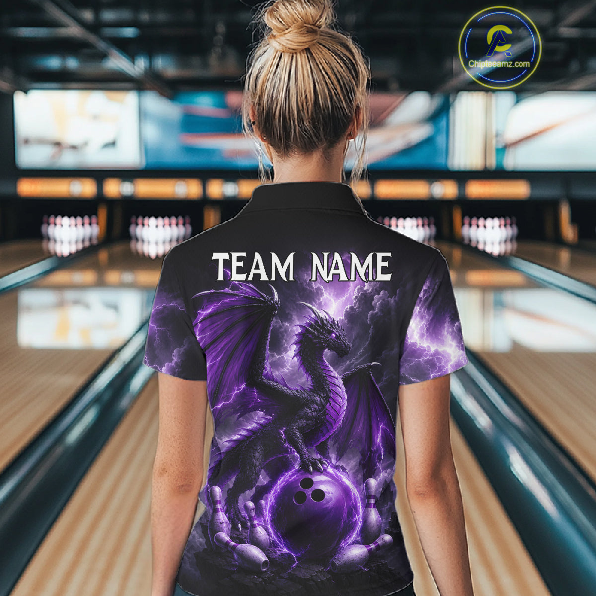 Woman wearing personalized purple dragon bowling team jersey polo shirt featuring purple dragon artwork, back view.