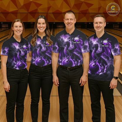 Bowling team wearing matching personalized purple dragon bowling team jerseys, front view.