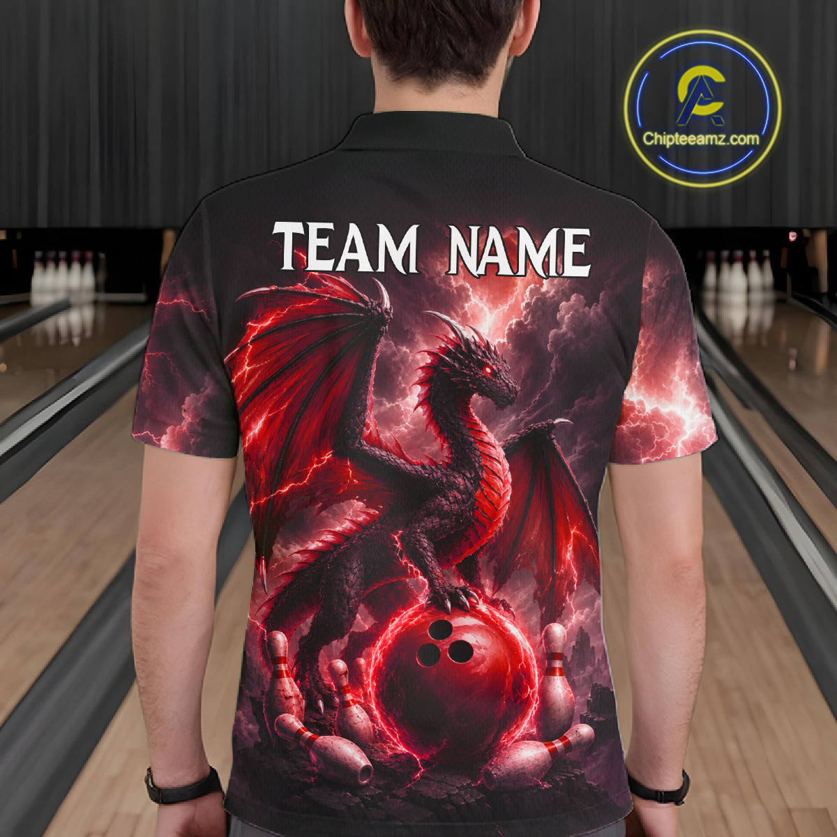Man wearing personalized red dragon bowling team jersey polo shirt featuring red dragon artwork, back view.