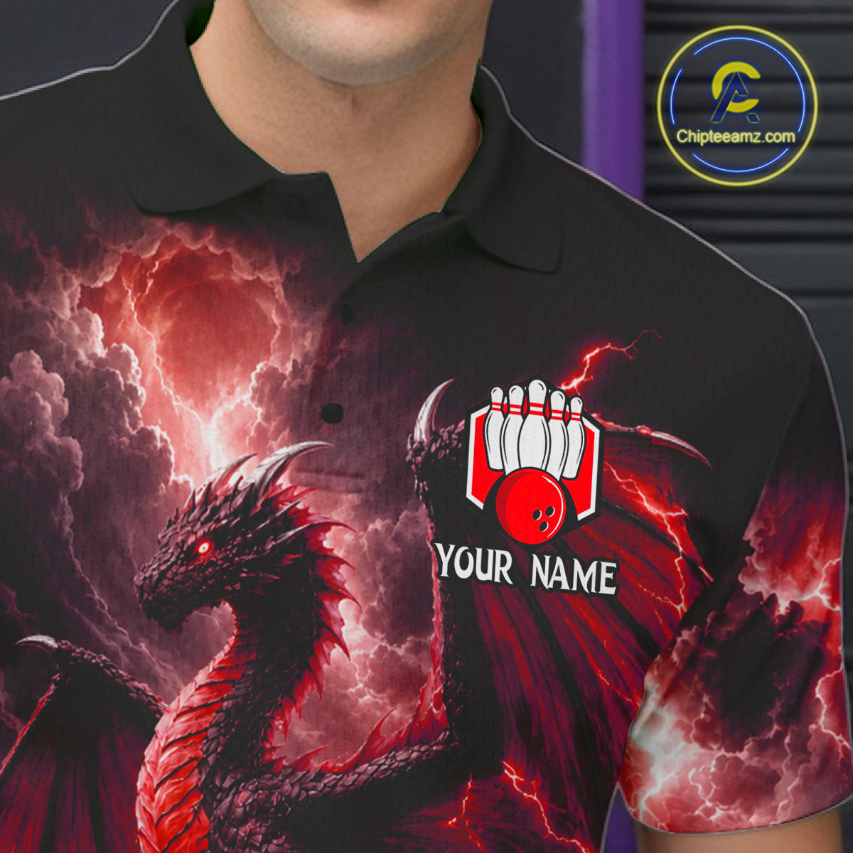 Close-up of personalized red dragon bowling team jersey polo shirt featuring collar, buttons and red dragon artwork.