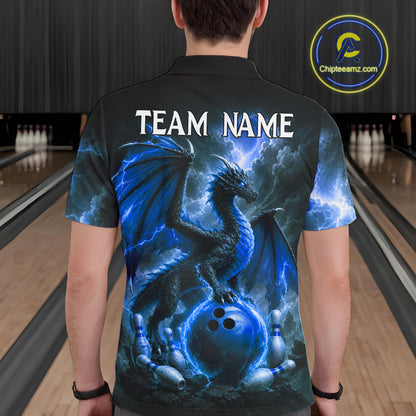 Man wearing personalized blue dragon bowling team jersey polo shirt featuring blue dragon artwork, back view.