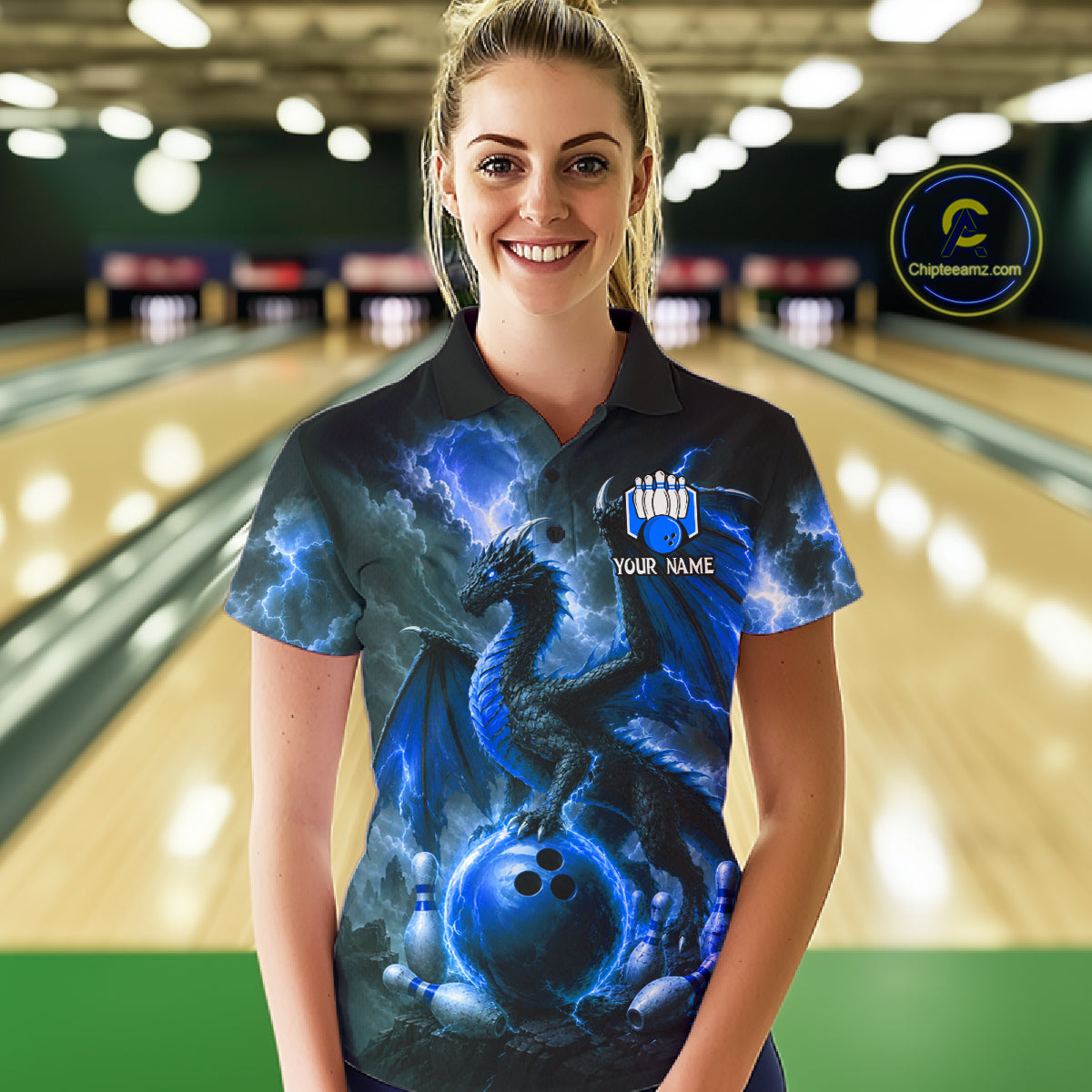 Woman wearing personalized blue dragon bowling team jersey polo shirt featuring blue dragon artwork, front view.