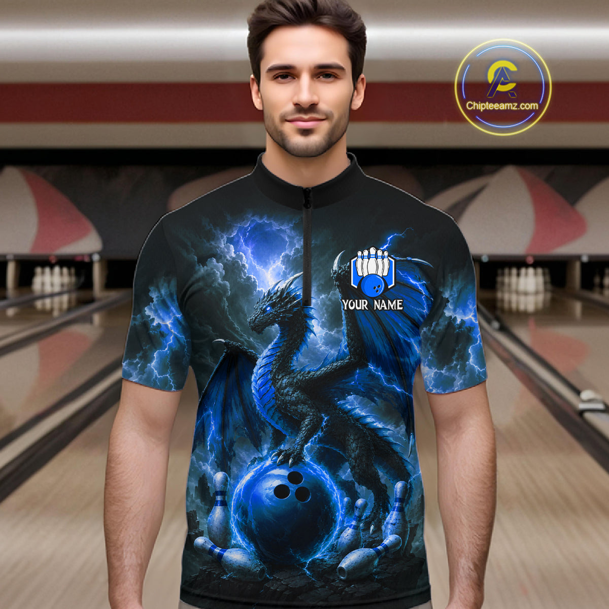 Man wearing personalized blue dragon bowling team jersey quarter zip shirt featuring blue dragon artwork, front view.