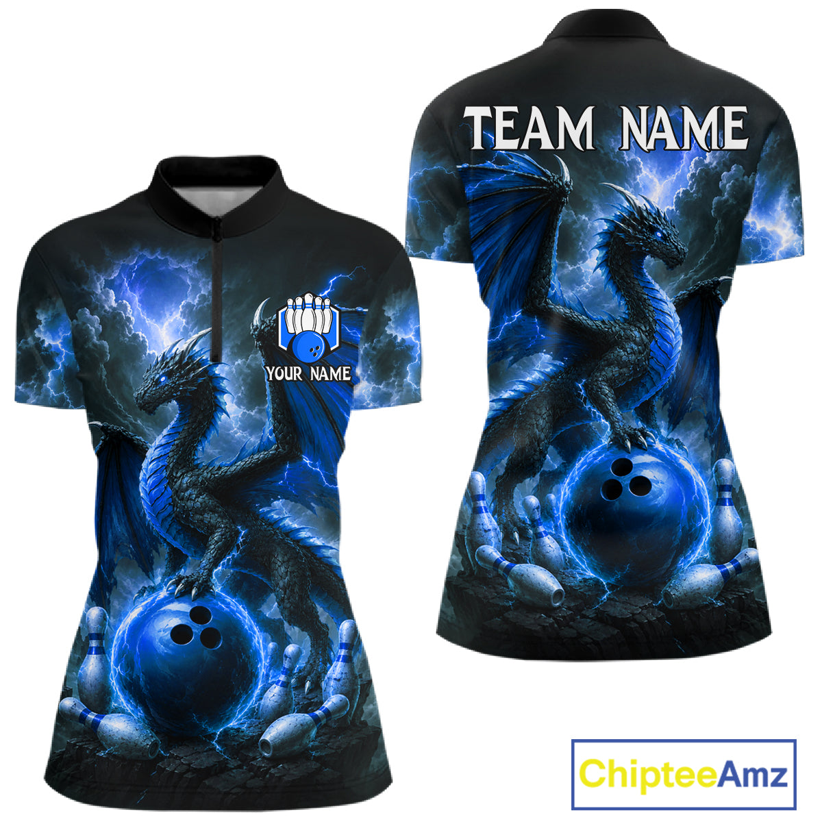 Personalized blue dragon bowling team jersey quarter zip shirt for women featuring detailed blue dragon artwork, premium custom bowling apparel.