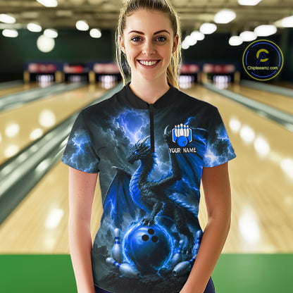 Woman wearing personalized blue dragon bowling team jersey quarter zip shirt featuring blue dragon artwork, front view.