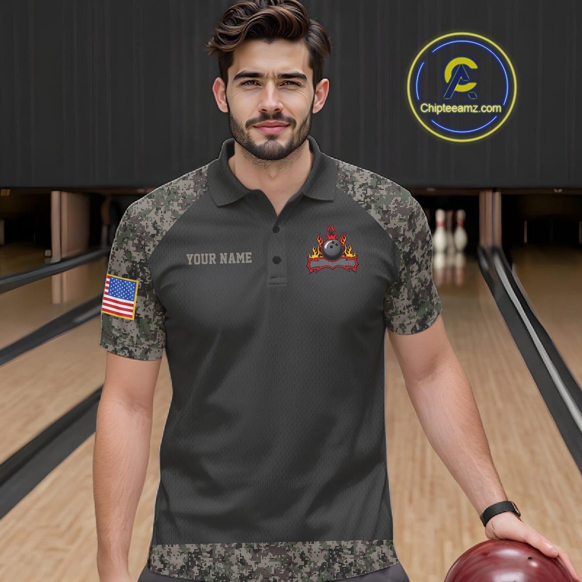 Man wearing personalized retro camo American flag bowling team jersey polo shirt featuring patriotic camo American flag artwork, front view.