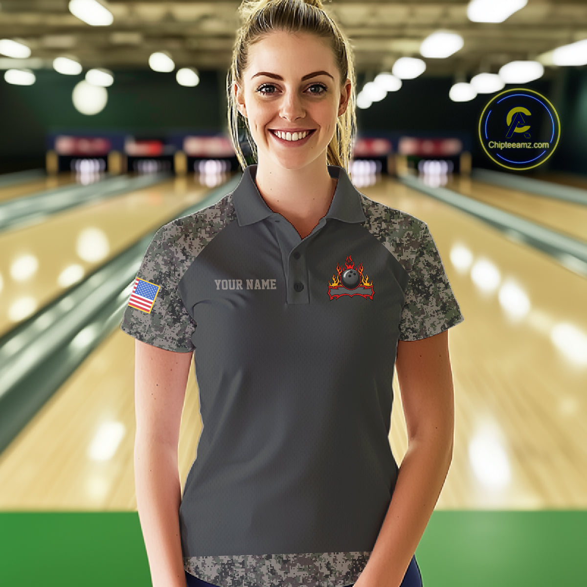 Woman wearing personalized retro camo American flag bowling team jersey polo shirt featuring patriotic camo American flag artwork, front view.