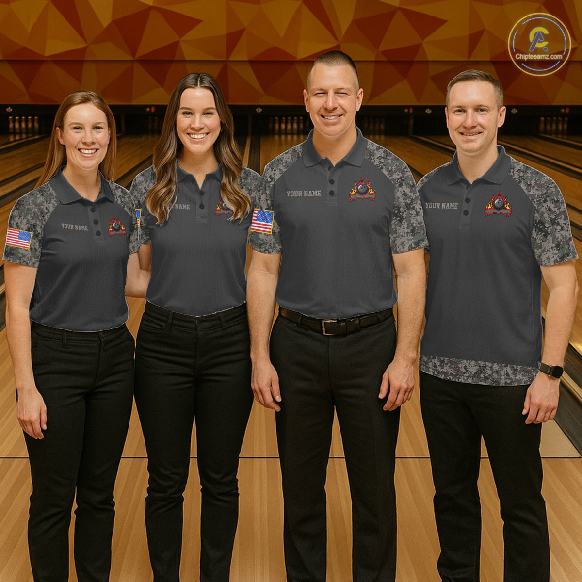 Bowling team wearing matching personalized retro camo American flag bowling team jerseys, front view.