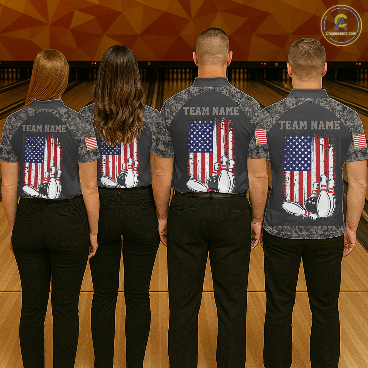 Bowling team wearing matching personalized retro camo American flag bowling team jerseys, back view.