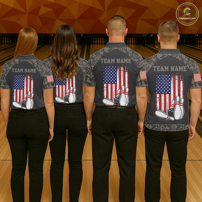 Bowling team wearing matching personalized retro camo American flag bowling team jerseys, back view.
