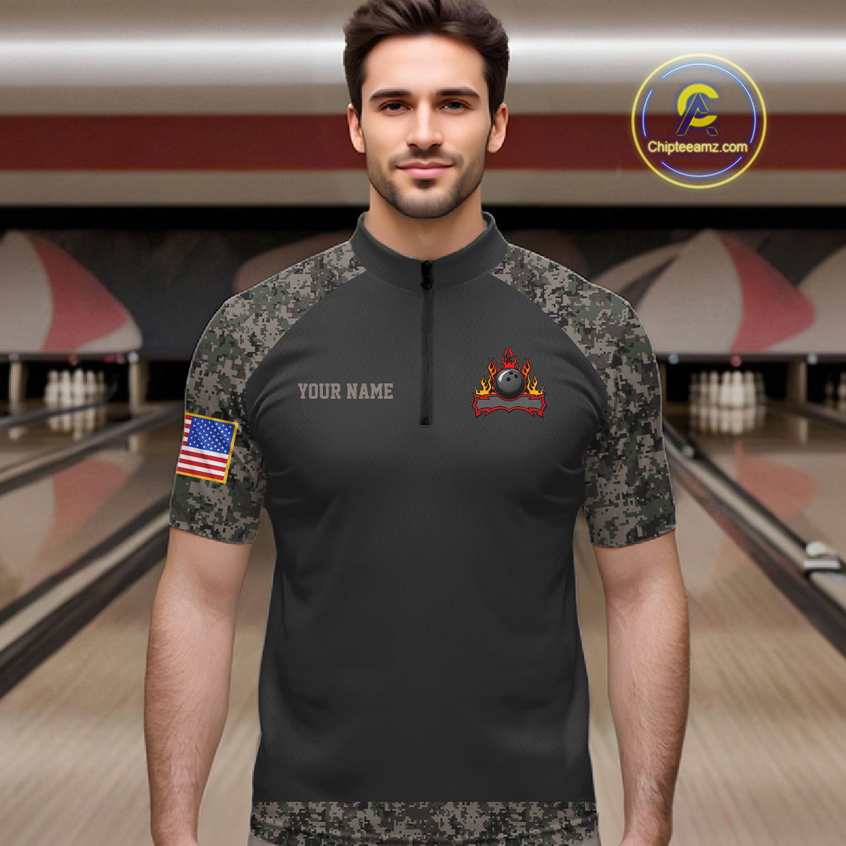 Man wearing personalized retro camo American flag bowling team jersey quarter zip shirt featuring patriotic camo American flag artwork, front view.
