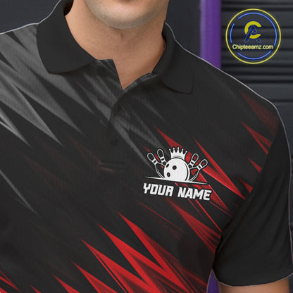Close-up of personalized black and red bowling team jersey polo shirt featuring collar, buttons and black and red bowling artwork.