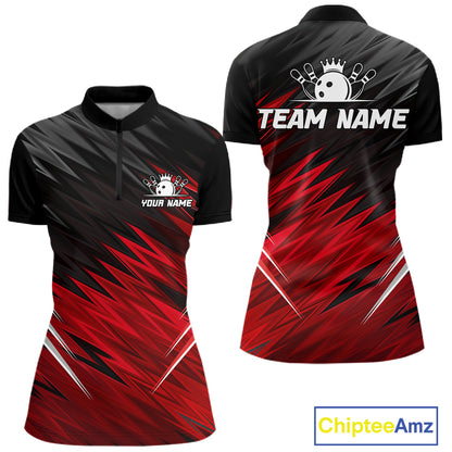 Personalized black and red bowling team jersey quarter zip shirt for women featuring bold black and red bowling graphics, premium custom bowling league apparel.
