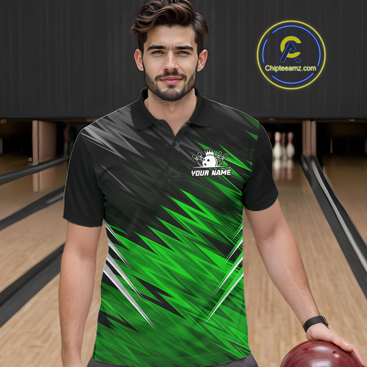 Man wearing personalized black and green bowling team jersey polo shirt featuring black and green bowling artwork, front view.