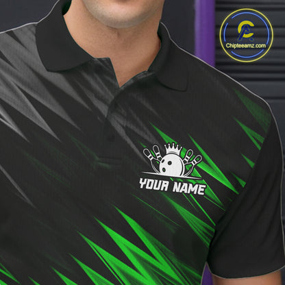 Close-up of personalized black and green bowling team jersey polo shirt featuring collar, buttons and black and green bowling artwork.