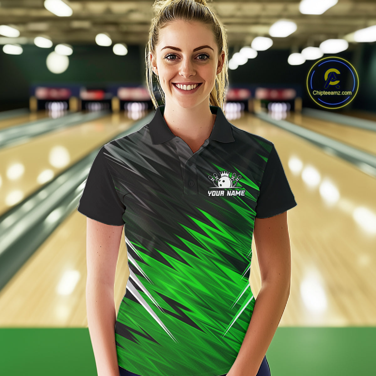 Woman wearing personalized black and green bowling team jersey polo shirt featuring black and green bowling artwork, front view.