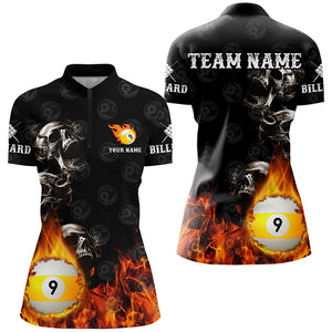 Personalized 9 Ball Pool Skull On Fire Billiard Shirts For Women, Funny 3D Printed Billiard Jerseys TDM2307