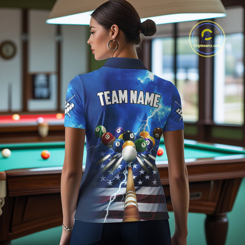 Blue Thunder Lightning American Flag Billiard Shirt For Women Custom Patriotic Pool Balls Jersey TDM4639