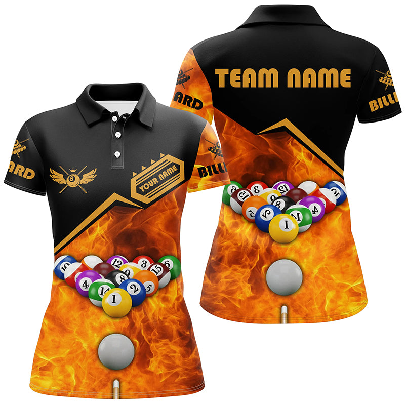Billiard Ball Set In Fire Personalized 3D Polo Shirts For Women, Custom Billiard Team Shirts Player TDM0176