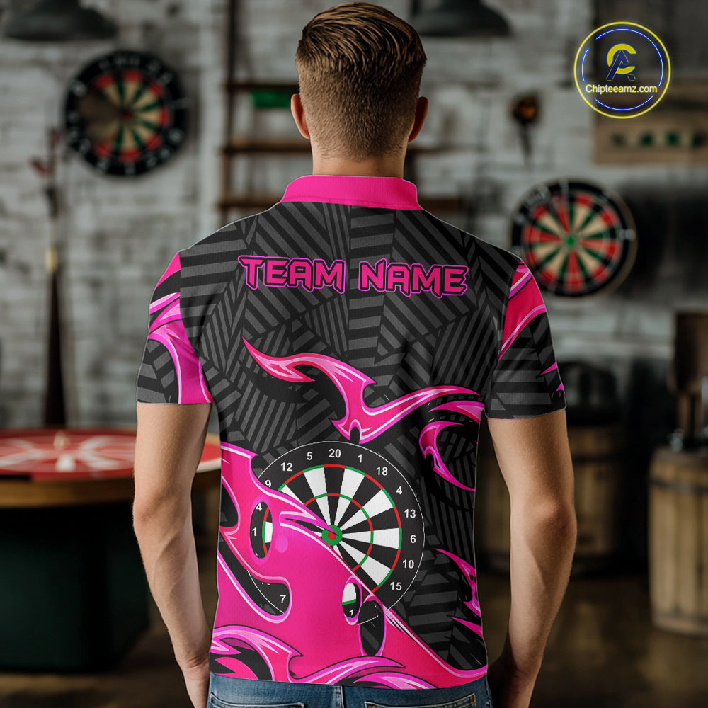 Custom Pink And Black Tribal Flame Darts Shirts For Men Darts Team Jerseys Polo & Quarter Zip TDM7610