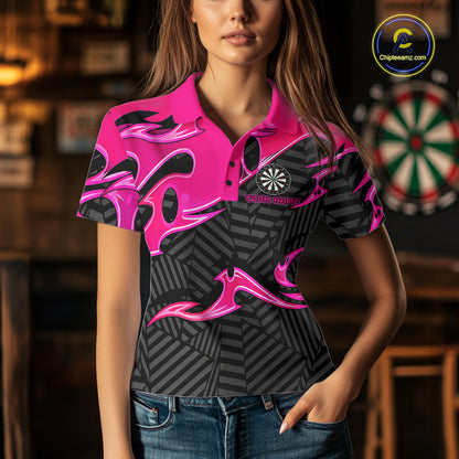 Custom Pink And Black Tribal Flame Darts Shirts For Women Darts Team Jerseys Polo & Quarter Zip TDM7610