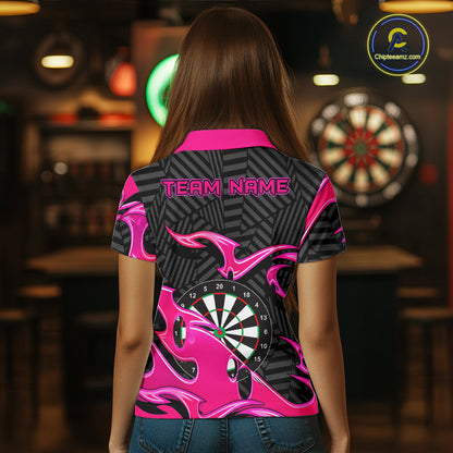 Custom Pink And Black Tribal Flame Darts Shirts For Women Darts Team Jerseys Polo & Quarter Zip TDM7610
