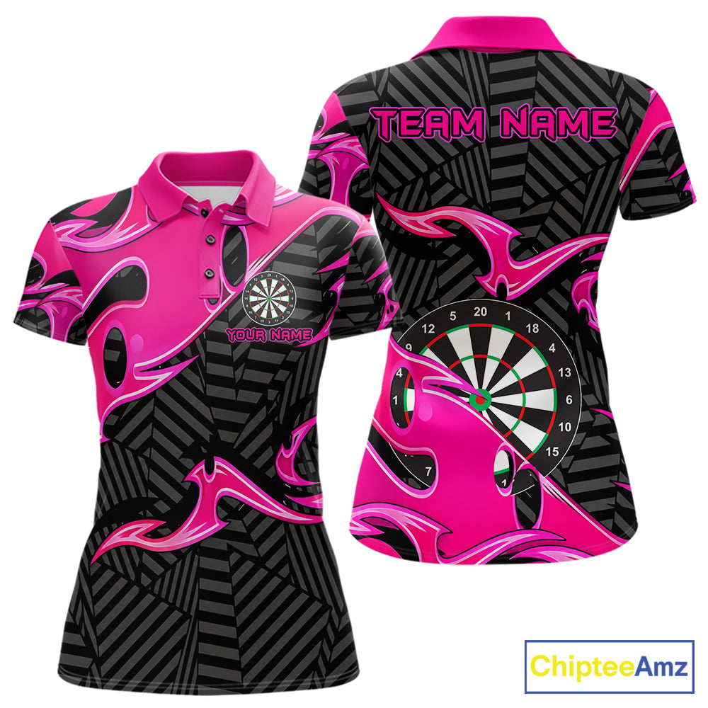 Custom Pink And Black Tribal Flame Darts Shirts For Women Darts Team Jerseys Polo & Quarter Zip TDM7610