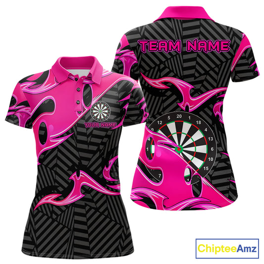 Custom Pink And Black Tribal Flame Darts Shirts For Women Darts Team Jerseys Polo & Quarter Zip TDM7610