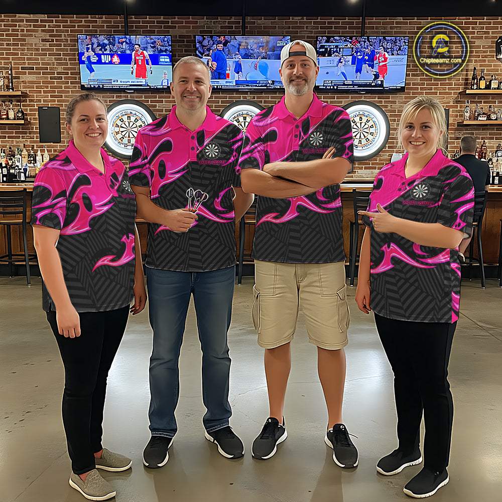 Custom Pink And Black Tribal Flame Darts Shirts For Men Darts Team Jerseys Polo & Quarter Zip TDM7610
