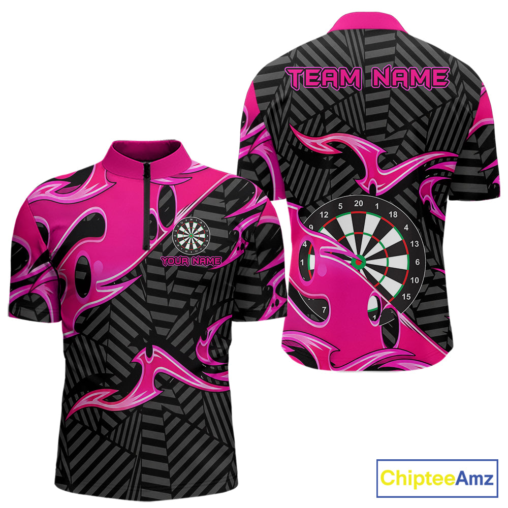 Custom Pink And Black Tribal Flame Darts Shirts For Men Darts Team Jerseys Polo & Quarter Zip TDM7610