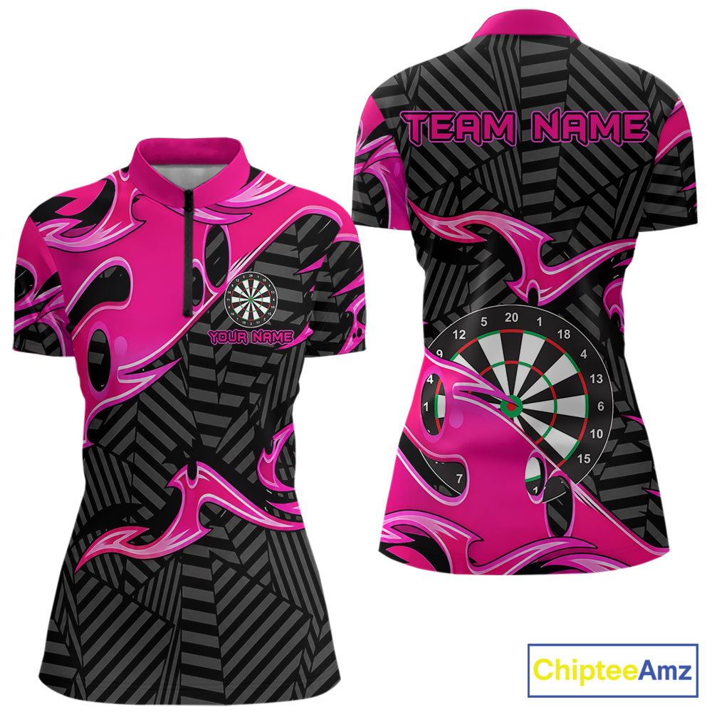 Custom Pink And Black Tribal Flame Darts Shirts For Women Darts Team Jerseys Polo & Quarter Zip TDM7610
