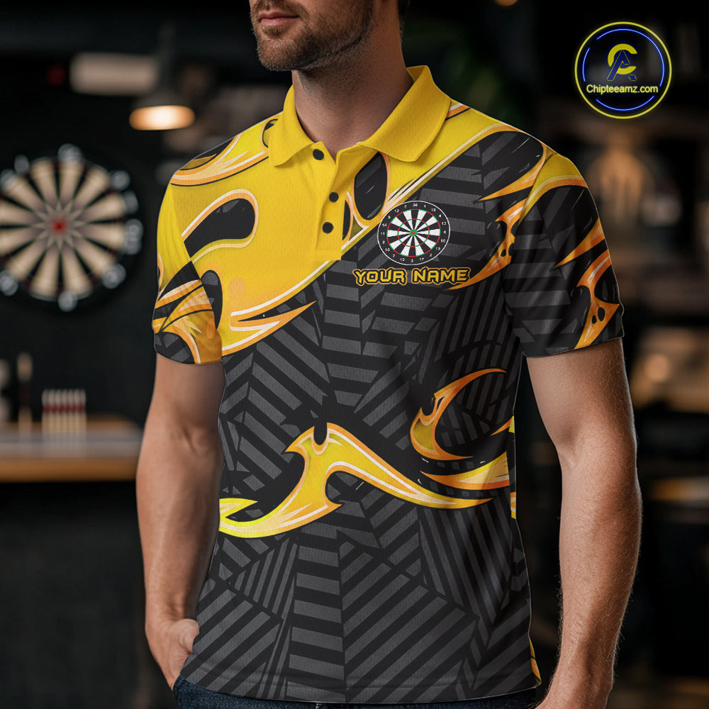 Custom Yellow And Black Tribal Flame Darts Shirts For Men Darts Team Jerseys Polo & Quarter Zip TDM7611