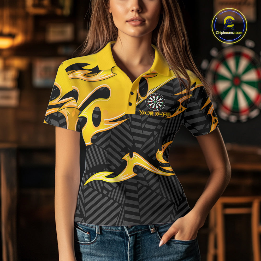 Custom Yellow And Black Tribal Flame Darts Shirts For Women Darts Team Jerseys Polo & Quarter Zip TDM7611
