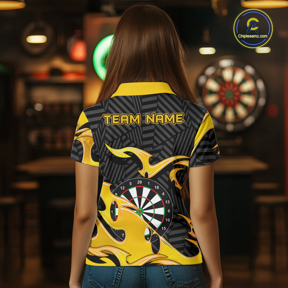 Custom Yellow And Black Tribal Flame Darts Shirts For Women Darts Team Jerseys Polo & Quarter Zip TDM7611